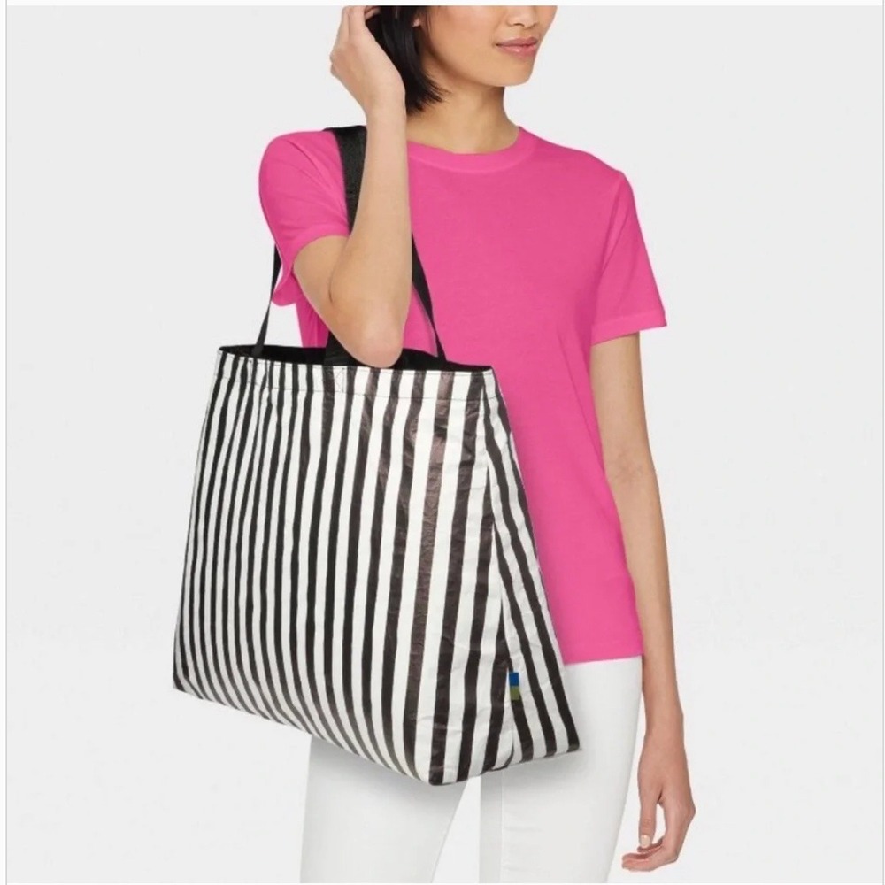 Open Story Reversible Tote Bag Large Black White Striped Water Resistant NWT